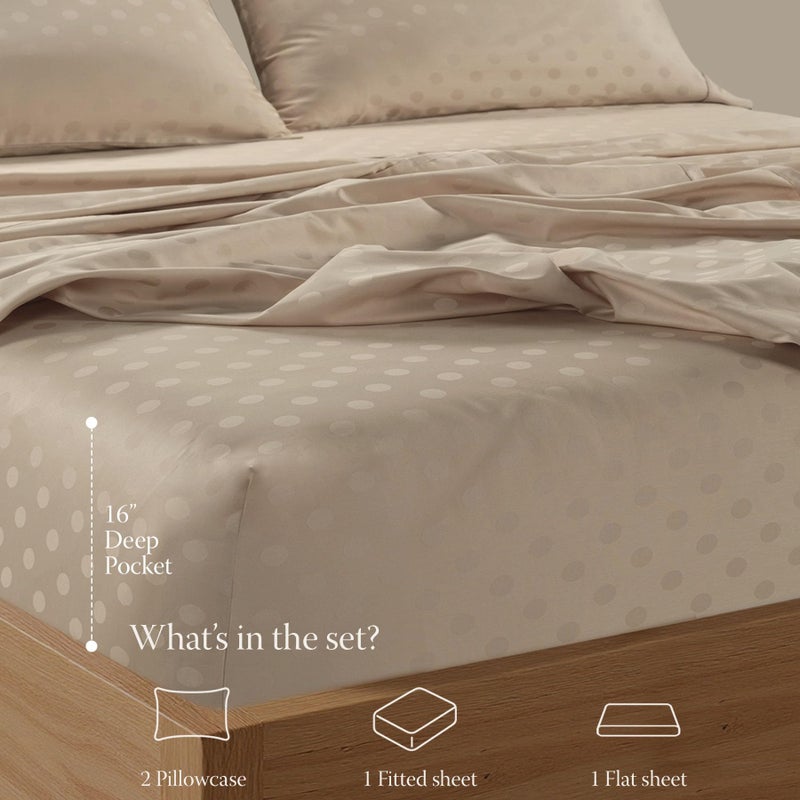 Threadmill Cotton Queen Sheet Set | 100% Cotton Sheets for Queen Size Bed | Damask Jacquard Queen Bed Sheets Set with 16â€ Deep Pocket | Soft Sateen Weave 4-Piece Cooling Bedding Set | Beige - Image 3